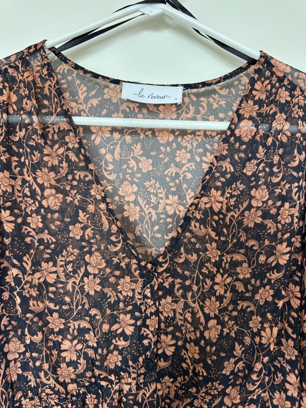 Black Floral V-Neck Button Front Blouse - Peach Floral